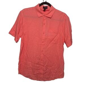 Magaschoni Man Linens Blend Short Sleeve Button Up Size Small Coral